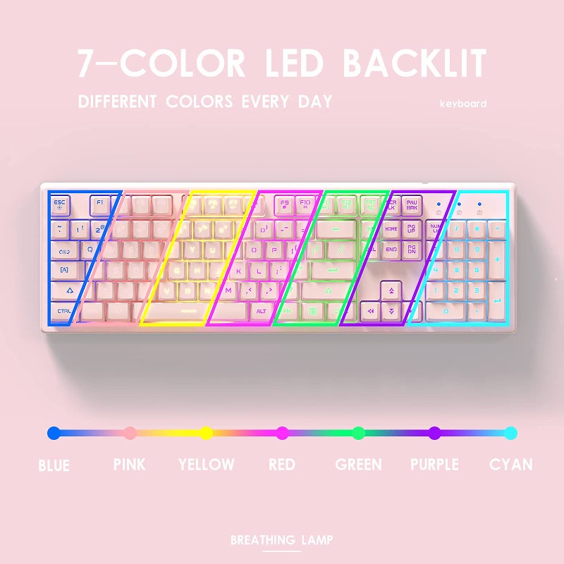 Basaltech Pink Keyboard with 7-Colors LED Backlit,104 Keys Silent Creamy Keyboards,Double Shot Keycaps Light Up Keyboard Wired USB for Computer,Mac,Laptop - Image 3